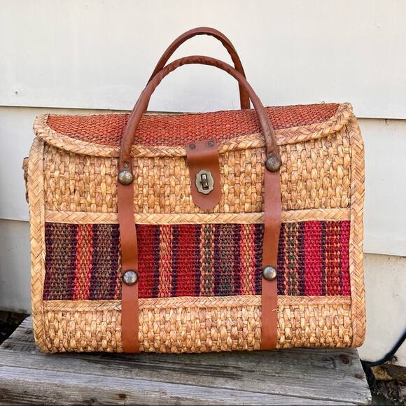 Vintage woven straw boho briefcase bag - Picture 1 of 8